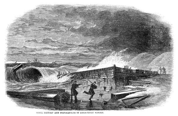 CHARLESTON, 1864. Rebel battery and obstruction in Charleston Harbor. Engraving, 1864