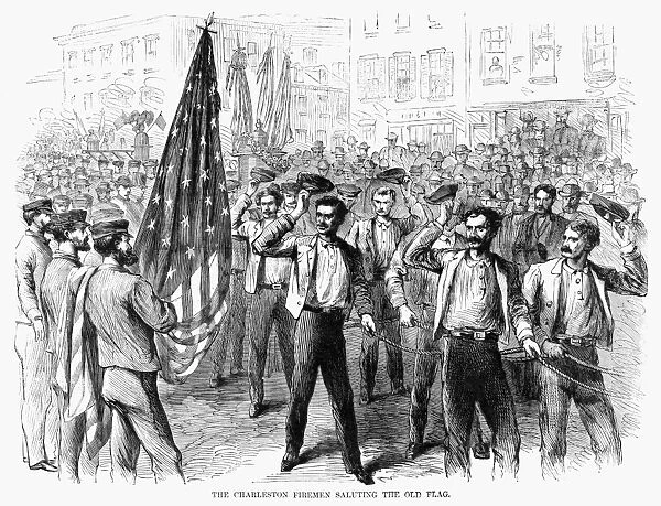 CHARLESTON: FIREMEN, 1867. The Charleston firemen saluting the old flag. Engraving