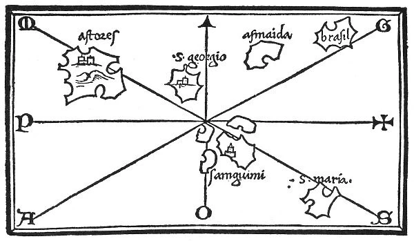 Chart of the Azore Islands. Woodcut from Benedetto Bordones Isolario, Venice, Italy, 1528