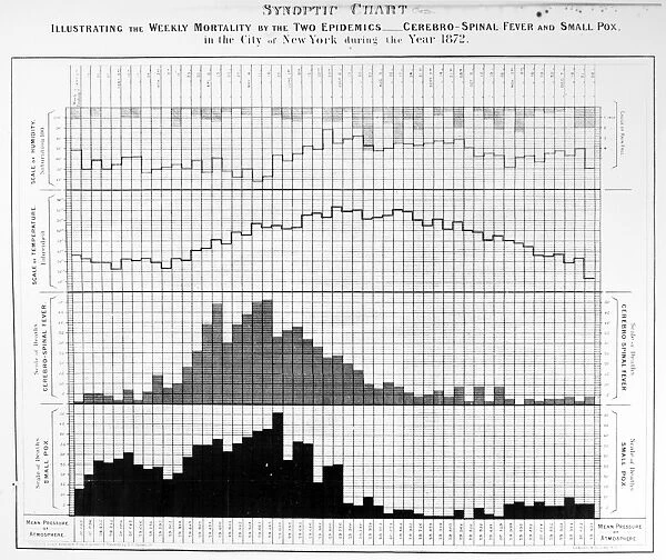 Chart illustrating the weekly mortality rates from smallpox (bottom) and meningitis in New York City over the course of the year 1872, correlated to humidity (top) and temperature. Contemporary lithograph