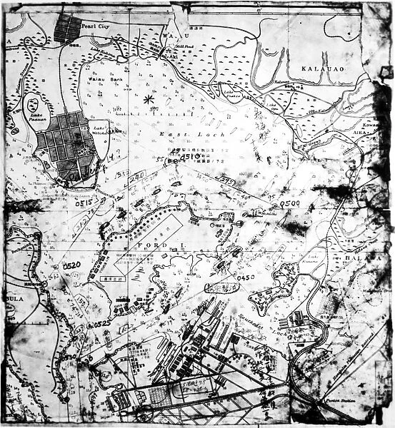 Chart of Pearl Harbor, Hawaii, site of the U. S. naval base that was attacked by the Japanese on 7 December 1941, found in a captured Japanese midget submarine following the attack