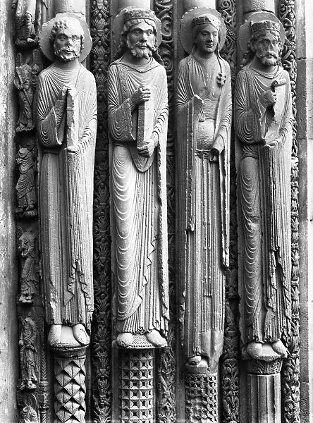 CHARTRES CATHEDRAL. Figures on the royal portal, left side, Chartres Cathedral, France. Photograph, mid-20th century