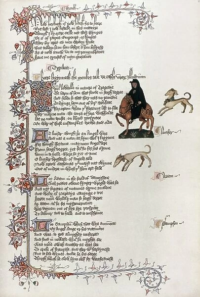 CHAUCER: CANTERBURY TALES. The Monk. A page from a facsimile of the Ellesmere manuscript