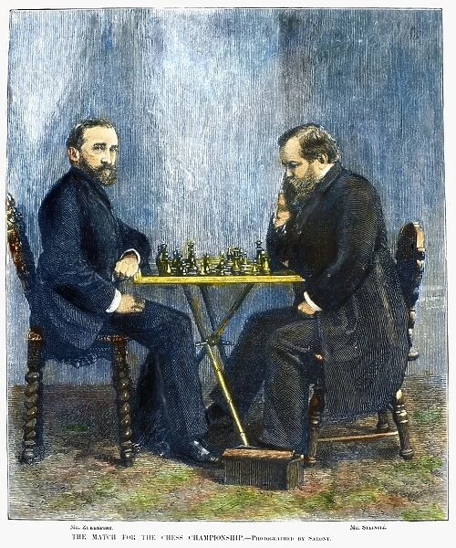 CHESS MATCH, 1886. Johannes Hermann Zukertort (left) and Wilhelm Steinitz at a chess championship match in New York, 1886. Contemporary American wood engraving