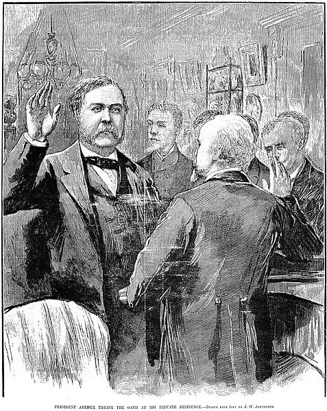 CHESTER ALAN ARTHUR (1830-1886). 21st President of the United States. Arthur being sworn in as president following the death of James Garfield in 1881. Contemporary American wood engraving