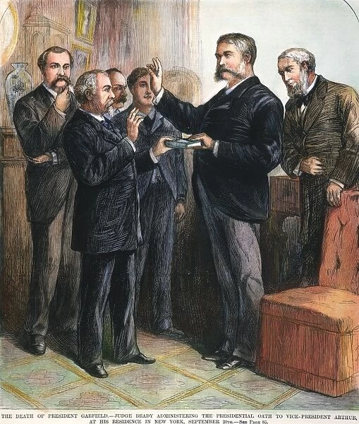 CHESTER ALAN ARTHUR: OATH. Vice President Chester Alan Arthur taking the presidential oath of office at his residence in New York City on 20 September 1881 following the death of President James A. Garfield. Contemporary American wood engraving