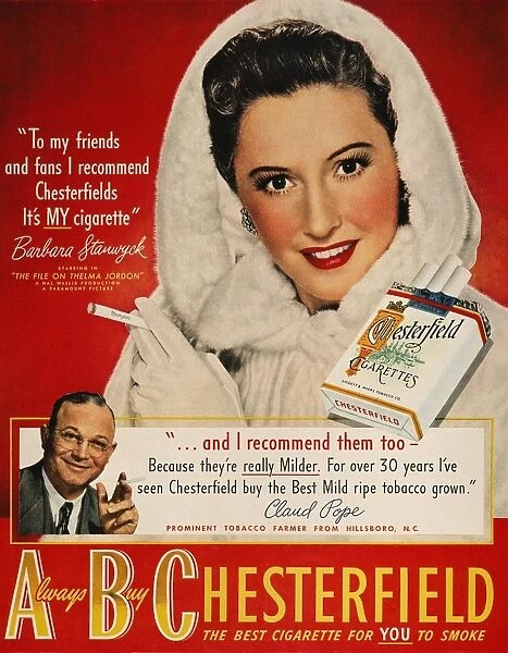 CHESTERFIELD CIGARETTE AD. Actress Barbara Stanwyck endorsing Chesterfield cigarettes. American magazine advertisement, 1949