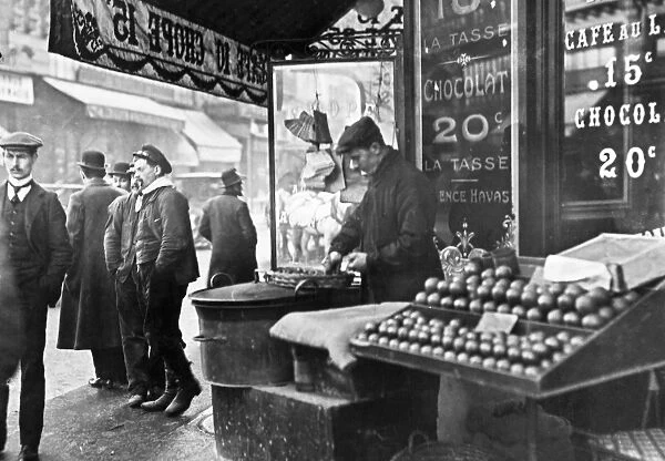 Chestnut vendor in Paris, France, c1900