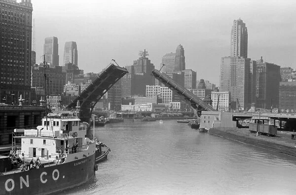CHICAGO, 1941. A view of a drawbridge across the Chicago River in Chicago, Illinois