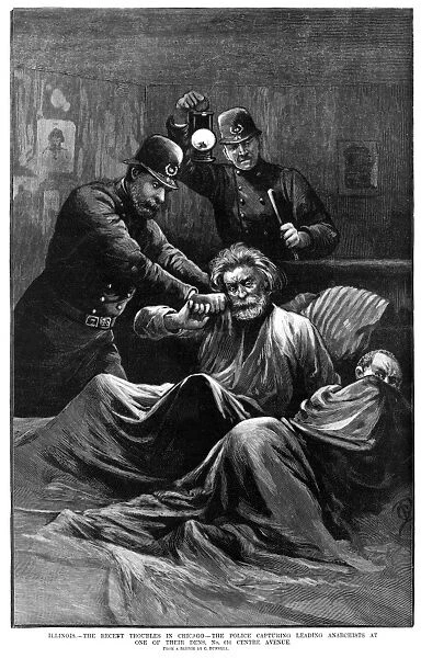 CHICAGO: ANARCHISTS, 1886. Police arresting anarchists in Chicago, Illinois. Wood engraving