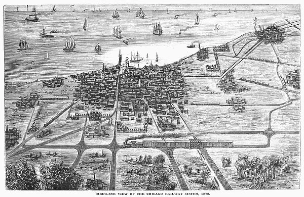 CHICAGO: RAILROAD, 1878. Bird s-eye view of the Chicago Railway System. Wood engraving, American, 1878