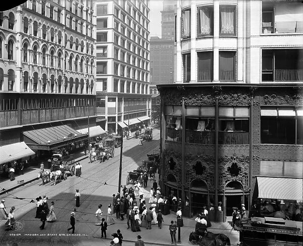 CHICAGO: STREET SCENE, 1907. A view of the intersection at Madison Street and State