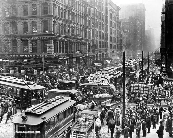 CHICAGO: TRAFFIC, 1909. Congested traffic on Dearborn Street, Chicago, Illinois, looking southward from the intersection with Randolph Street, 1909. Photographed by Frank M. Hallenbeck