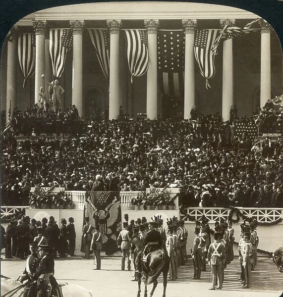 Chief Justice Melville Fuller administering the oath of office at the inauguration of Theodore Roosevelt as the 26th President of the United States on the steps of the Capitol, March 4, 1905. American stereograph