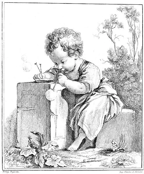 CHILD BLOWING SOAP BUBBLES. Etching, 1751, after Francois Boucher
