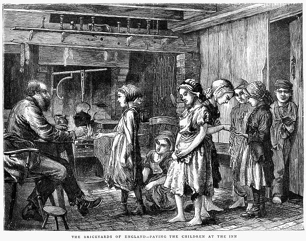 CHILD LABOR, 1871. Paying children for their labor in the brickyards. Wood engraving, English, 1871