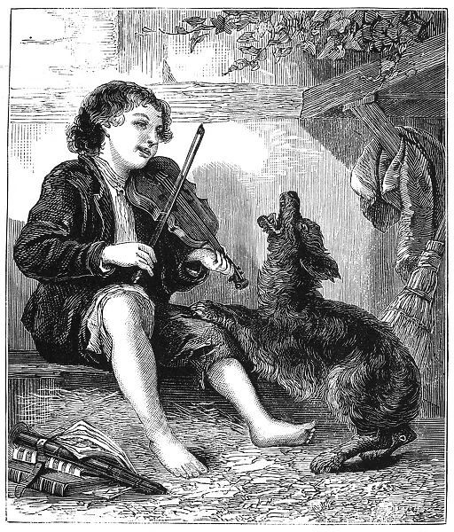 CHILD PLAYING VIOLIN. Wood engraving, American, late 19th century