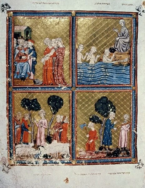 THE CHILDHOOD OF MOSES. Manuscript illumination from the Golden Haggadah, Spain