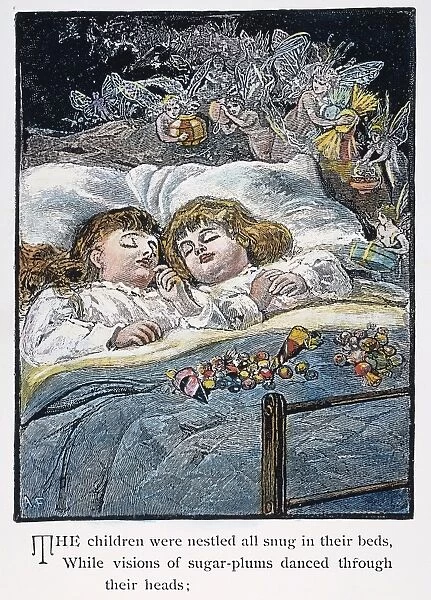 The children were nestled all snug in their beds, while visions of sugarplums danced through their heads. Illustration from an 1883 edition of Clement Clarke Moores celebrated poem, The Night Before Christmas