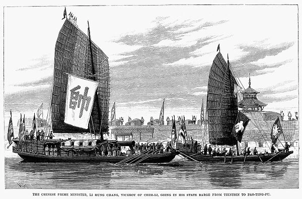CHINA: BARGE TRAVEL, 1894. The Chinese Prime Minister, Li Hung Chang, Viceroy of Chih-Li, going in his state barge from Tientsin to Pao-Ting-Fu. Line engraving, 1894