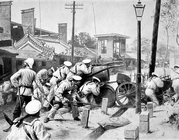CHINA: BOXER REBELLION. Russian sailors defending a barricade before the Peking legation