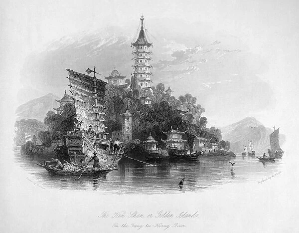 CHINA: GOLDEN ISLAND, 1843. A view of Kin Shan, or the Golden Island, on the Yangtze River in China. Steel engraving, English, 1843, after a drawing by Thomas Allom