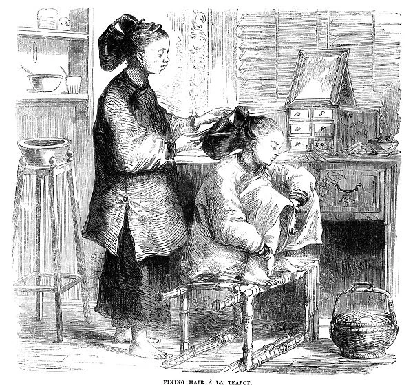 CHINA: HAIRDRESSER, 1859. A Chinese hairdresser. Wood engraving, English, 1859