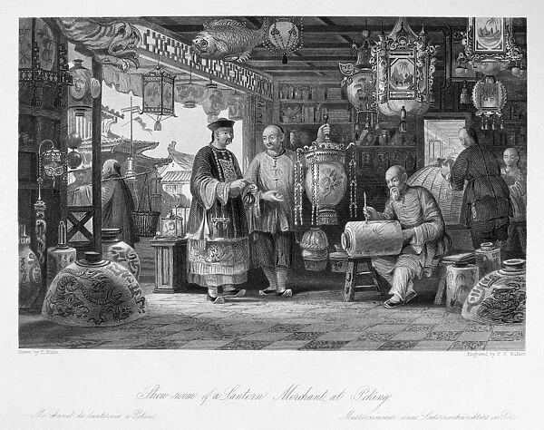 CHINA: LANTERN MERCHANT. The showroom of a lantern merchant in Peking, China. Steel engraving, English, 1843, after a drawing by Thomas Allom