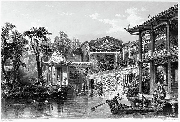 CHINA: MERCHANTs HOME. The house of a Chinese merchant in the suburbs of Canton. Steel engraving, English, 1843, after a drawing by Thomas Allom