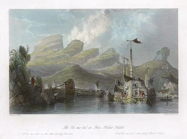 CHINA: MOUNTAINS, 1843. A view of Ou Ma Too, or the Five Horses Heads, on the Pe Kiang River, Guangdong province, China. Steel engraving, English, 1843, after a drawing by Thomas Allom