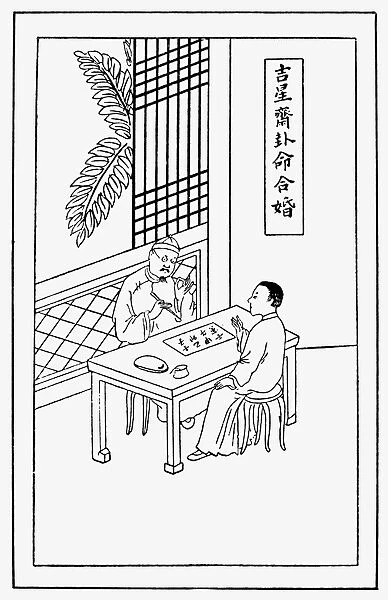 Chinese astrologer and geomancer casting a horoscope. Chinese drawing