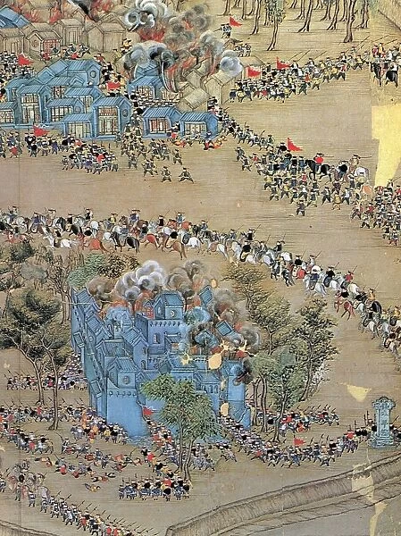 Chinese government forces attacking a rebel stronghold at Tientsin during the Taiping Rebellion, 1851-64. Detail of a contemporary Chinese painting