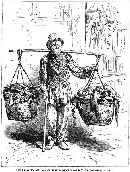 CHINESE IMMIGRANTS, 1875. A Chinese rag-picker in San Francisco, California. Wood engraving, American, 1875