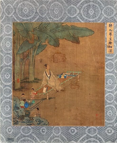 A Chinese sage sitting on a bench beneath banana trees, with servants preparing a meal. Chinese painting on silk, c1700-1850