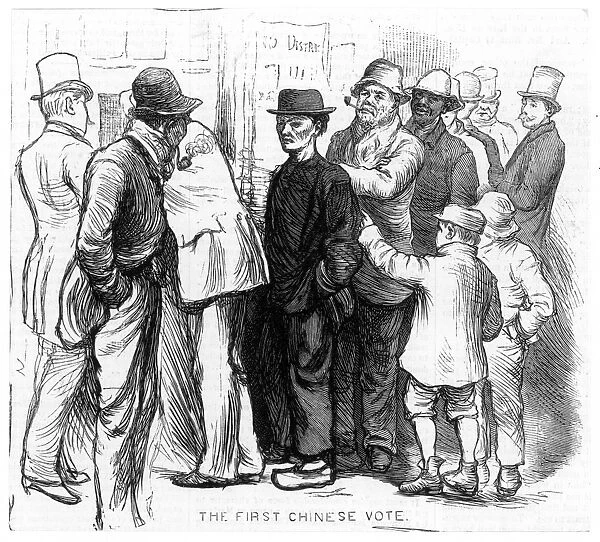 Chinese voting in New York City during the presidential election of 1880: wood engraving from a contemporary American newspaper