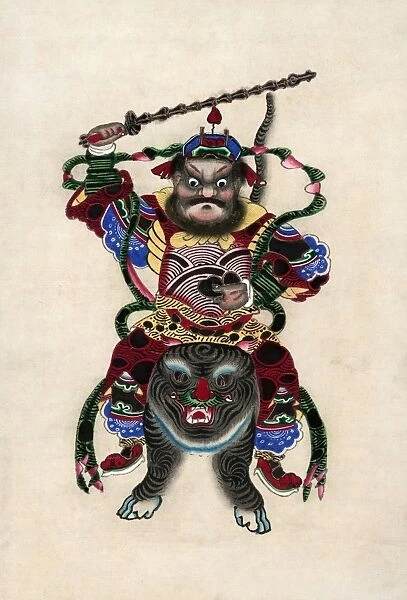 CHINESE WARRIOR, c1880. A Chinese warrior riding on a tigers back. Japanese woodblock