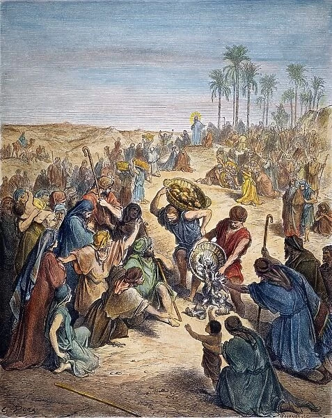 Christ Feeding the Multitude (Matthew 14: 17, 18). Color engraving after Gustave Dor