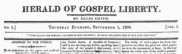 CHRISTIAN NEWSPAPER, 1808. Masthead of the first issue of the Herald of Gospel Liberty