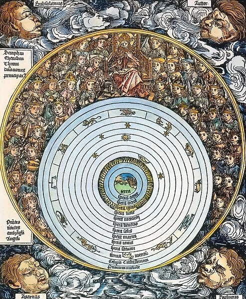 Christian  /  Ptolemaic conception of the universe, with the Earth at the center, embraced by the realm of God and His angelic court. Colored woodcut from Liber Chronicarum, Nuremberg, 1493