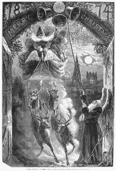 CHRISTMAS, 1874. Santa Claus is coming! Engraving from a design by Thomas Worth, 1874