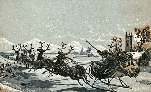CHRISTMAS CARD, c1885. American trade card with Santa and his sleigh. Color wood engraving
