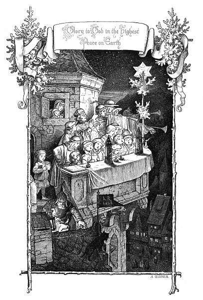 CHRISTMAS CAROLERS, 1855. Glory to God in the highest. Peace on Earth. Wood engraving by Ludwig Richter, 1855
