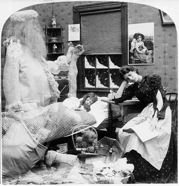CHRISTMAS DREAM, c1897. A spectral Santa Claus stands over sleeping child while the mother sleeps at nearby table. Double exposed stereograph, c1897