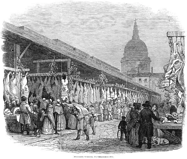 CHRISTMAS IN LONDON, 1845. Newgate Market on Christmas Eve. Wood engraving, English, 1845