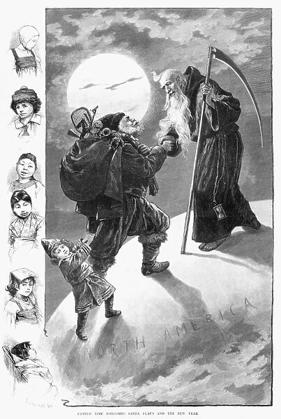 CHRISTMAS AND NEW YEAR S. Father Time Welcomes Santa Claus and the New Year. Engraving
