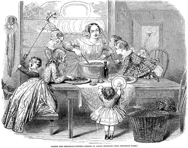 CHRISTMAS PUDDING, 1848. Making the Christmas pudding. Wood engraving after a drawing by Kenny Meadows, English, 1848