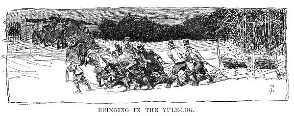 CHRISTMAS: YULE-LOG. Bringing in the Yule-Log in colonial America, 17th century