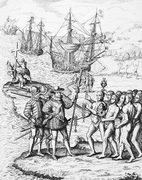 CHRISTOPHER COLUMBUS (1451-1506). Italian navigator. Columbus landing on the island of Hispaniola