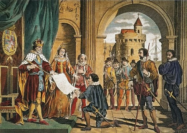 CHRISTOPHER COLUMBUS being given the sailing commission by King Ferdinand and Queen Isabella for his Enterprise of the Indies in Sante Fe, Spain, on April 30, 1492: colored engraving, 19th century
