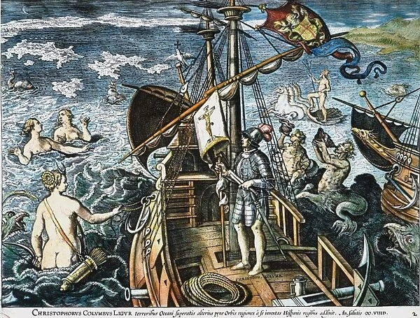 CHRISTOPHER COLUMBUS sailing through uncharted seas: colored engraving, c. 1585, by Adrianus Collaert after Joannes Stradanus
